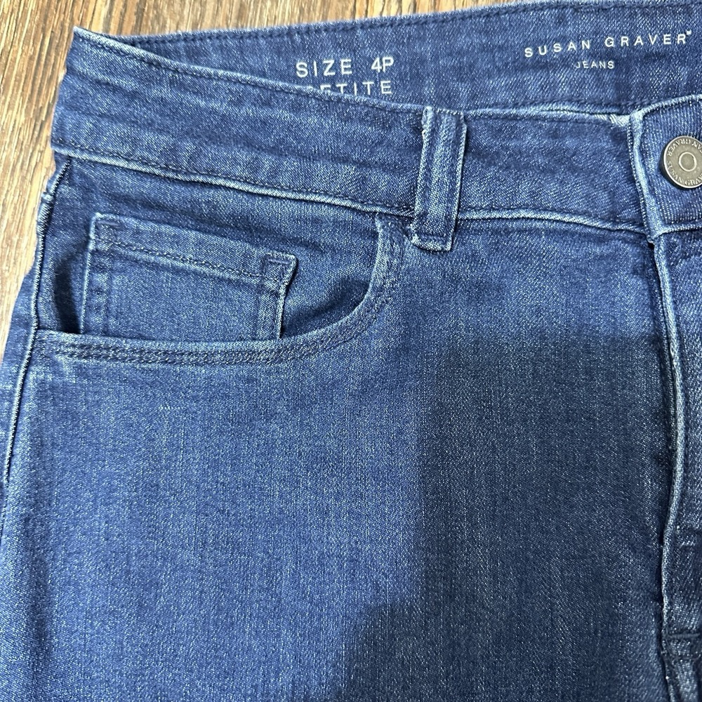 Susan Graver Jeans Women Full Leg Dark Wash Cropped Capri Jeans Fringe Hem 4P - Picture 3 of 13